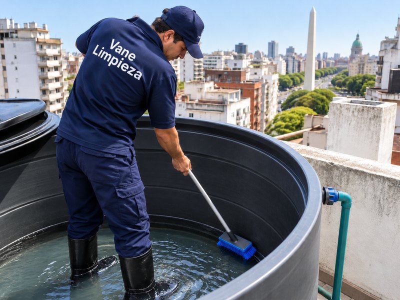 Operario de Vane Limpieza cepillando el interior de un tanque de agua en una terraza