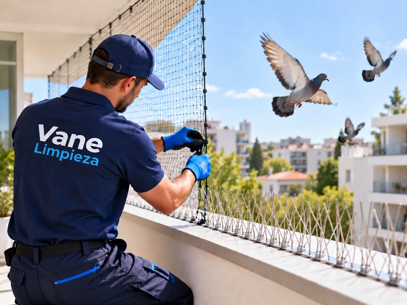 Operario de Vane Limpieza instalando red y pinches en un balcón para ahuyentar palomas